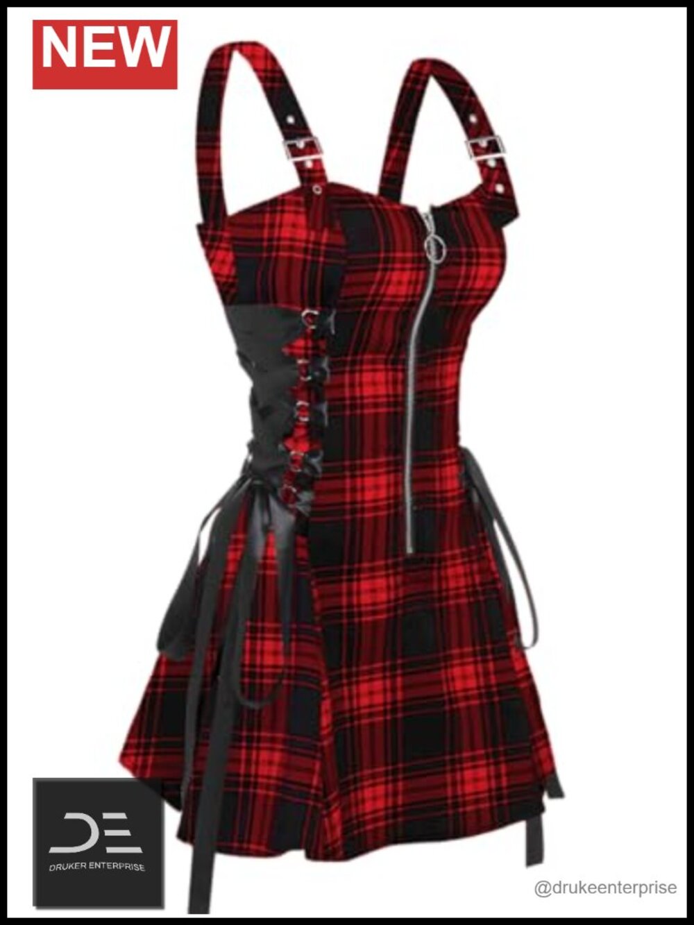 Retro Plaid Buckle Lace-Up Mini Dress Fit and Flare Strapless